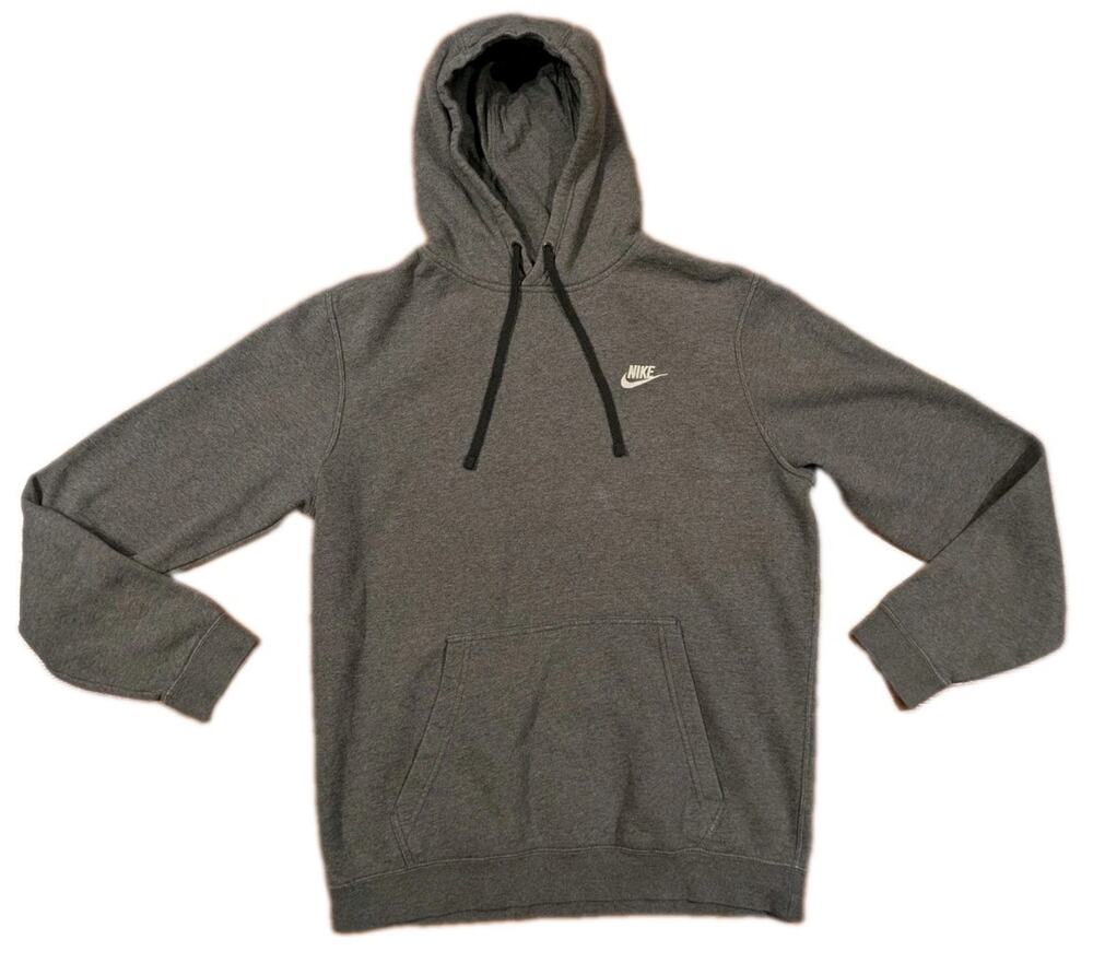 Nike Mens Pullover Hoodie Medium Gray Fleece Swoosh Logo Black Drawstrings